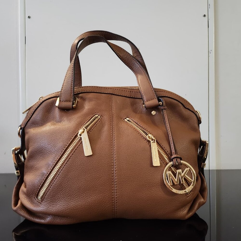 Michael Kors Brown Pebbled Leather Satchel Bag with Gold Hardware